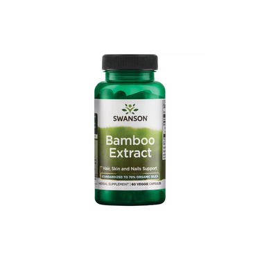 A green bottle of Swanson Bamboo Extract 300 mg, containing 60 veggie capsules for hair and nail health, is shown against a white background.